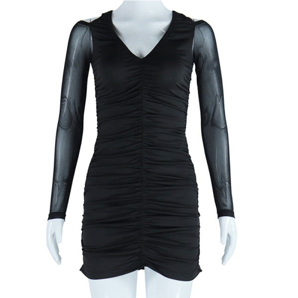 Women's pleated tight fitting dress with mesh stitching, perspective buttock wrap skirt, solid color pullover skirt