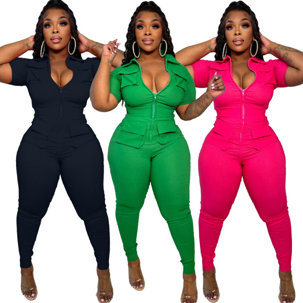 Sexy zippered 3D pocket jumpsuit