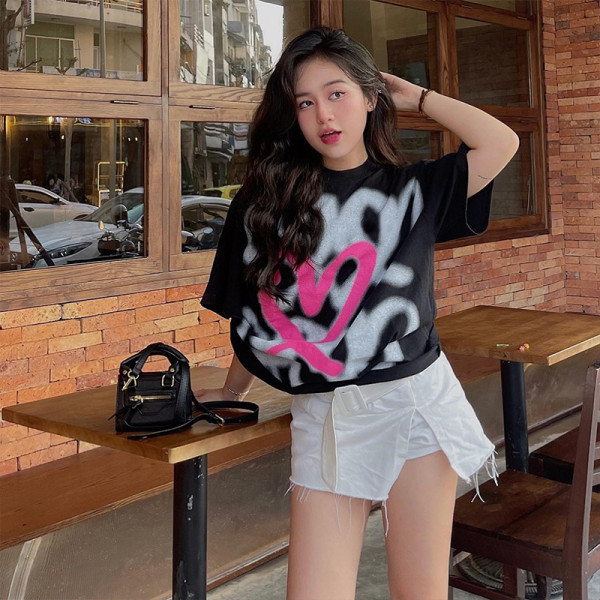 Short sleeved abstract printed long loose ins couple T-shirt