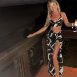 Graffiti Print Spicy Girl Sleeveless Wrapped Chest Half Skirt Set