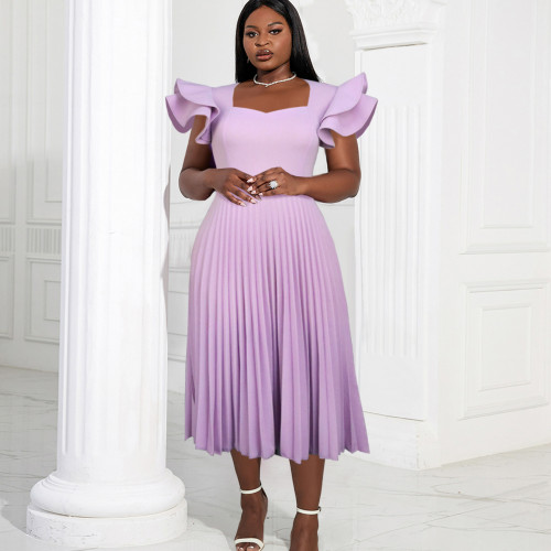 Light purple square neck dress with elegant temperament and casual commuting pleated skirt