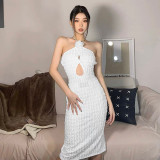 Hanging Neck 3D Flower Hollow Solid Color Dress Slim Fit Spicy Girl Open Back Long Dress