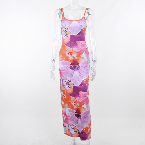 Strap Tie Dye Printed Dress Fashion Slim Fit Long Dress