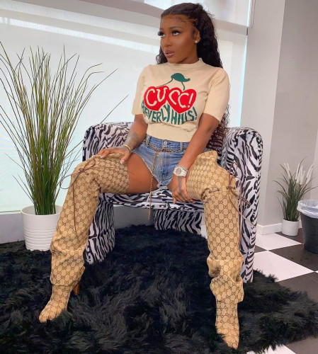 Fashion casual round neck cherry letter printed loose fitting short sleeved T-shirt