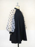 Standing collar lantern sleeve polka dot dress for daily commuting comfort, raglan sleeves, A-line skirt