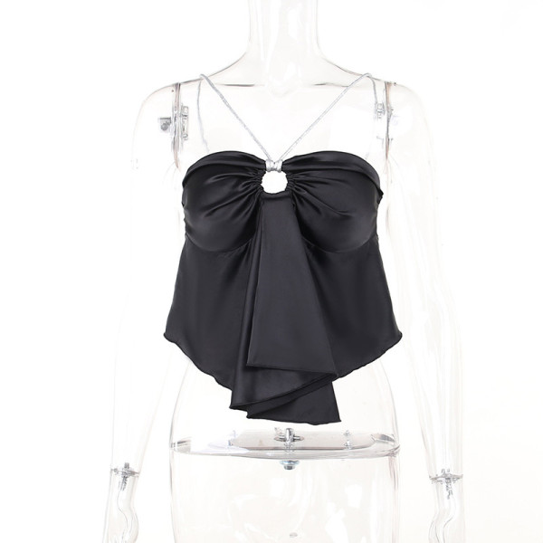 Hollow diamond chain hanging neck bra satin top slim fitting short spicy girl open back T-shirt