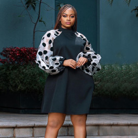 Standing collar lantern sleeve polka dot dress for daily commuting comfort, raglan sleeves, A-line skirt