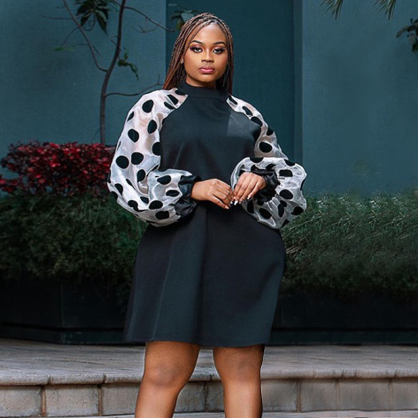 Standing collar lantern sleeve polka dot dress for daily commuting comfort, raglan sleeves, A-line skirt