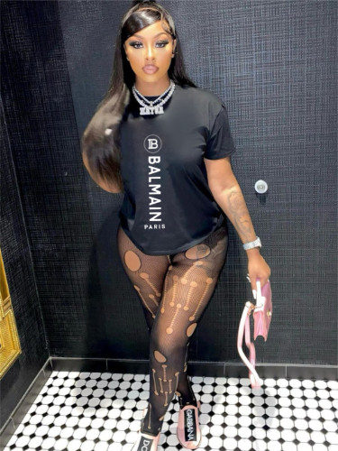 Letter printed round neck short sleeved loose fitting T-shirt top