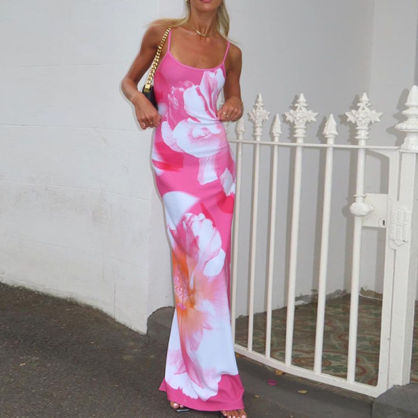 Strap Tie Dye Printed Dress Fashion Slim Fit Long Dress