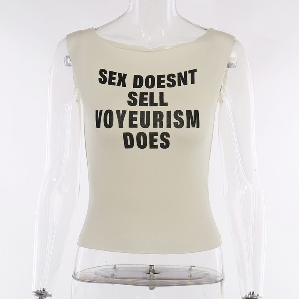 Off Shoulder Letter Printing Slightly Transparent Spicy Girl Tank Top Fashion Versatile Casual T-shirt