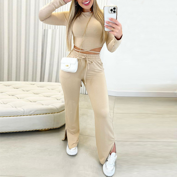 Long sleeved T-shirt drawstring high waisted split straight leg pants two-piece set