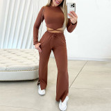 Long sleeved T-shirt drawstring high waisted split straight leg pants two-piece set