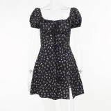 Off Shoulder Short Sleeve Split Flower Dress Street Fashion Casual Sexy Short Dress