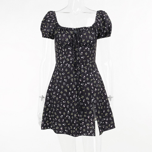 Off Shoulder Short Sleeve Split Flower Dress Street Fashion Casual Sexy Short Dress