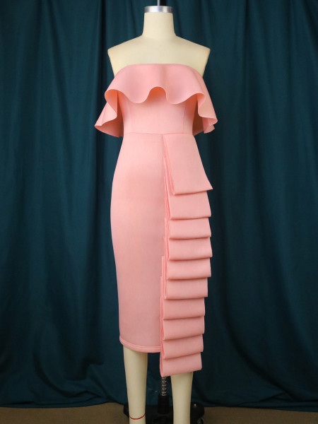 Sexy strapless sleeveless dress with asymmetrical cut and patchwork, one step skirt