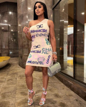 Alphabetical digital printed one shoulder tight wrap buttocks high stretch nightclub style dress Alphabetical digital printed one shoulder tight wrap buttocks high stretch nightclub style dress