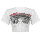 Fashion Irregular Mesh Splice Letter Printing Short Chain T-shirt Top