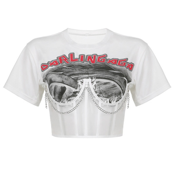 Fashion Irregular Mesh Splice Letter Printing Short Chain T-shirt Top