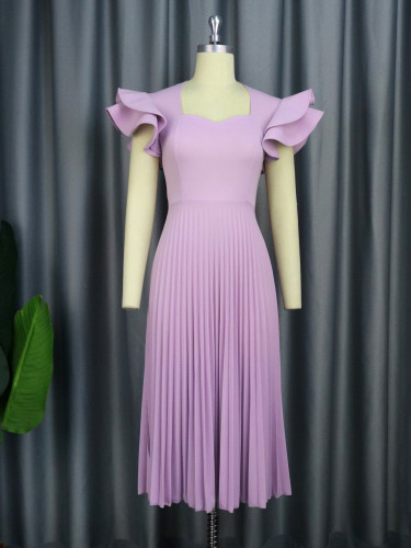 Light purple square neck dress with elegant temperament and casual commuting pleated skirt
