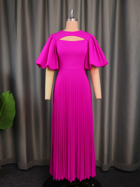 Lantern sleeve hollowed out waist pleated skirt for comfortable commuting casual dress