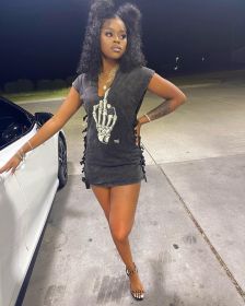 Letter Skeleton Hand Print Casual Round Neck Short Sleeve T-shirt Dress Short Skirt
