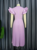 Light purple square neck dress with elegant temperament and casual commuting pleated skirt