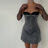 Spliced contrast color sexy chest strap dress with waist up party dress