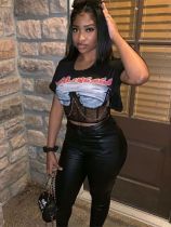 Fashion Irregular Mesh Splice Letter Printing Short Chain T-shirt Top Fashion Irregular Mesh Splice Letter Printing Short Chain T-shirt Top