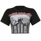 Fashion Irregular Mesh Splice Letter Printing Short Chain T-shirt Top