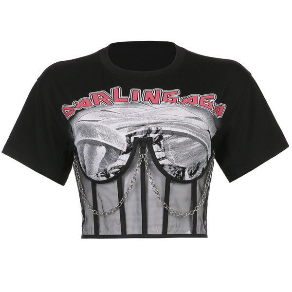 Fashion Irregular Mesh Splice Letter Printing Short Chain T-shirt Top