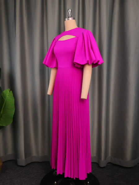 Lantern sleeve hollowed out waist pleated skirt for comfortable commuting casual dress