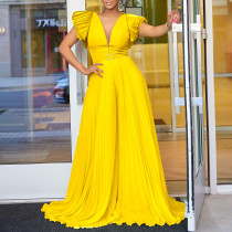 Matching belt sexy deep V pleated wide leg oversized jumpsuit