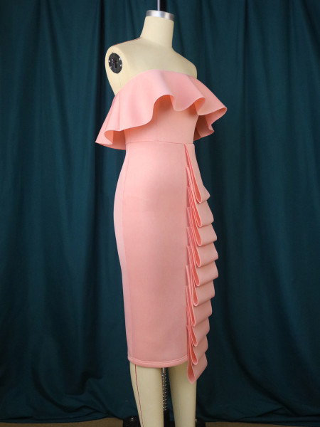 Sexy strapless sleeveless dress with asymmetrical cut and patchwork, one step skirt