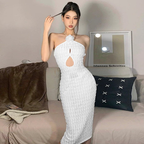 Hanging Neck 3D Flower Hollow Solid Color Dress Slim Fit Spicy Girl Open Back Long Dress