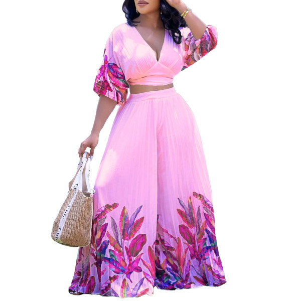 Women's fashion V-neck printed top wide leg pants two-piece set