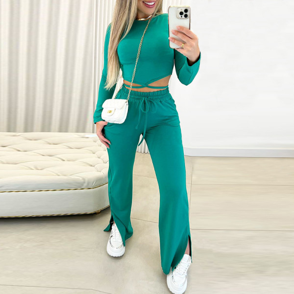 Long sleeved T-shirt drawstring high waisted split straight leg pants two-piece set