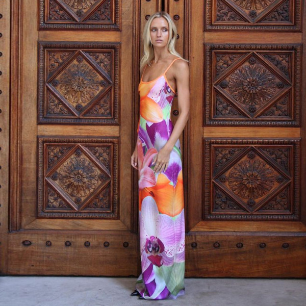 Strap Tie Dye Printed Dress Fashion Slim Fit Long Dress