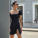 Off Shoulder Short Sleeve Split Flower Dress Street Fashion Casual Sexy Short Dress