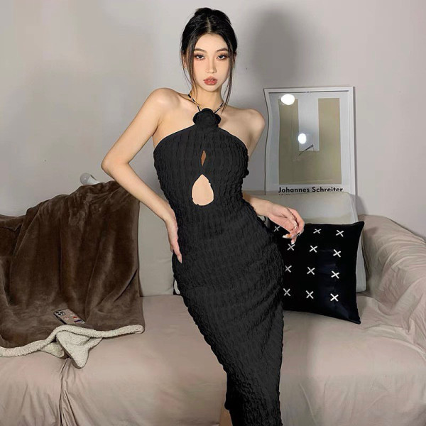 Hanging Neck 3D Flower Hollow Solid Color Dress Slim Fit Spicy Girl Open Back Long Dress