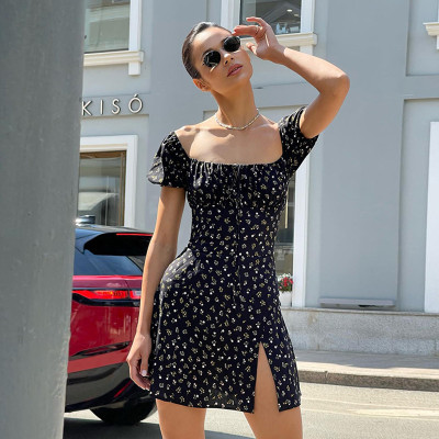 Off Shoulder Short Sleeve Split Flower Dress Street Fashion Casual Sexy Short Dress