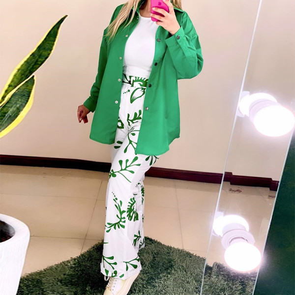 Temperament casual long sleeved lapel shirt printed high waisted pocket casual set