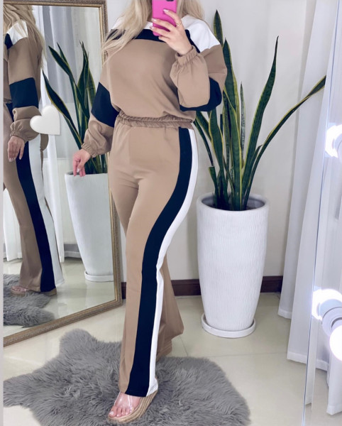 Stripe color matching round neck lantern sleeve long sleeved high waisted straight leg pants two-piece set