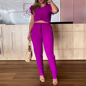 Ruffle sleeved shirt drawstring high waisted casual pants two-piece set