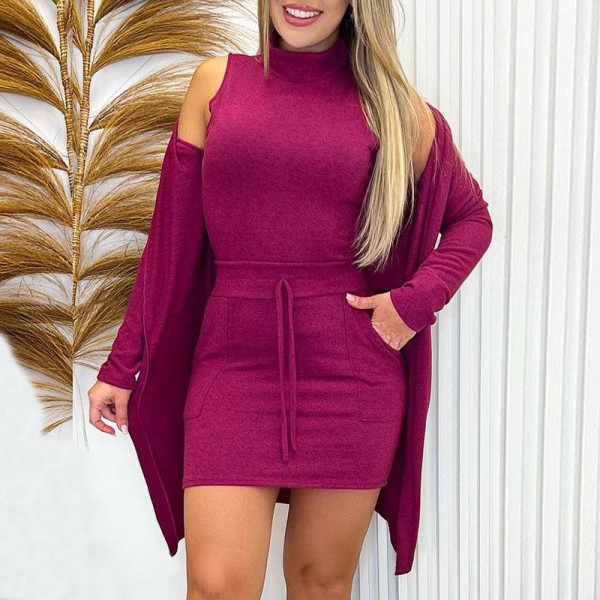 High neck vest, high waist patch pocket, short skirt, loose oversized jacket, casual set