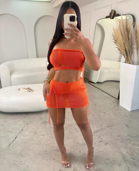 Sexy Wrapped Chest Perspective Irregular Skirt Two Piece Set