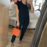 Ruffle sleeved shirt drawstring high waisted casual pants two-piece set