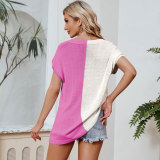 Women's V-neck color matching sleeve top loose casual large T-shirt