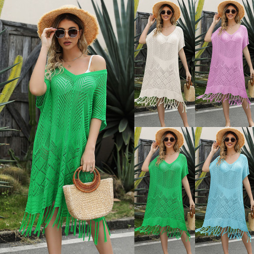 Women's solid color tassel hollowed out knit shirt loose oversized beach skirt