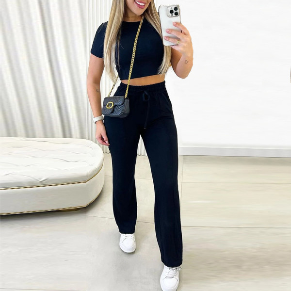 Round neck short sleeved T-shirt drawstring high waisted straight pants sports casual set